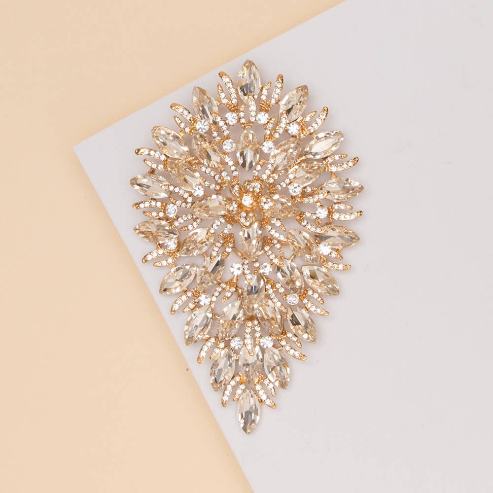 Crystal Rhinestone Cluster Pear Shaped Leaf Brooch Pin