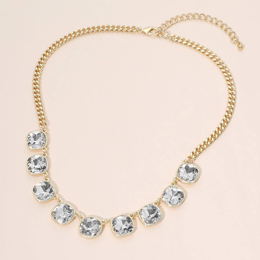Faceted Square Gem Charm Station Necklace