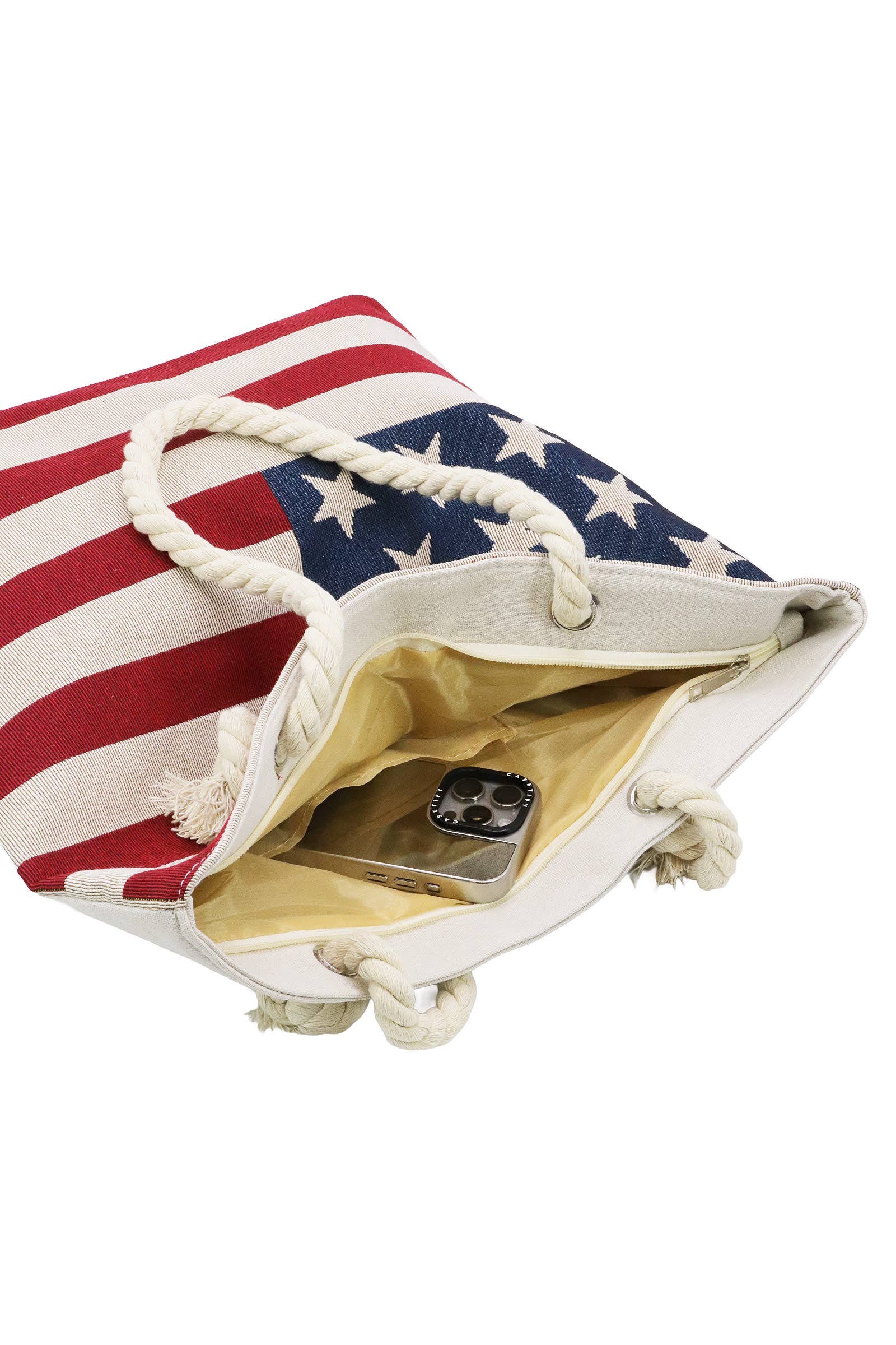 6209. American Flag Zippered Burlap Canvas Tote Bag