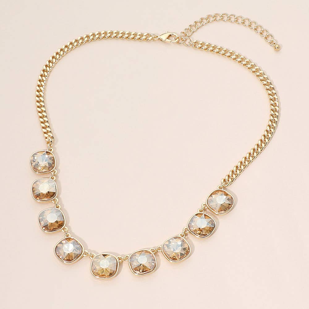 Faceted Square Gem Charm Station Necklace