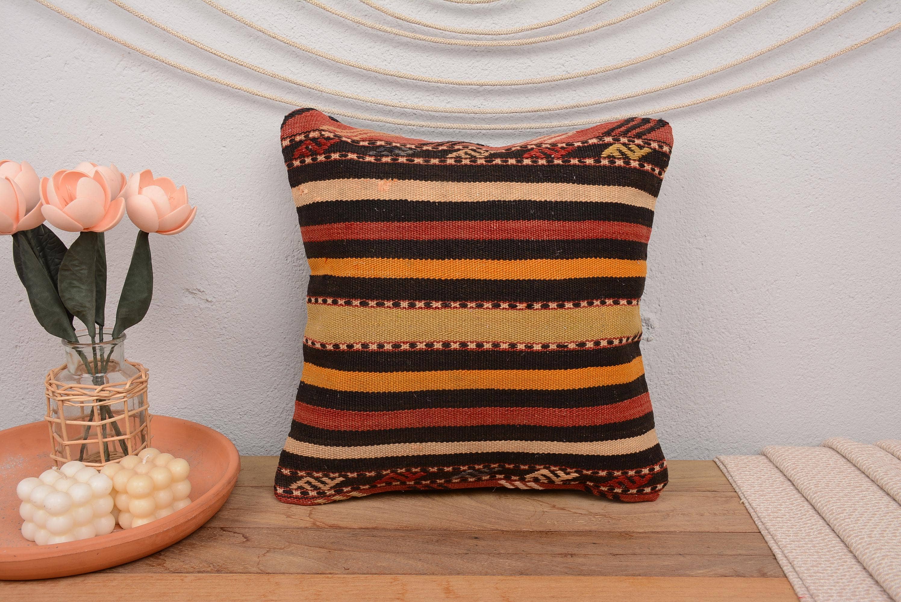 Boho Turkish Kilim Pillow Sham Cover 16x16 Vintage Striped