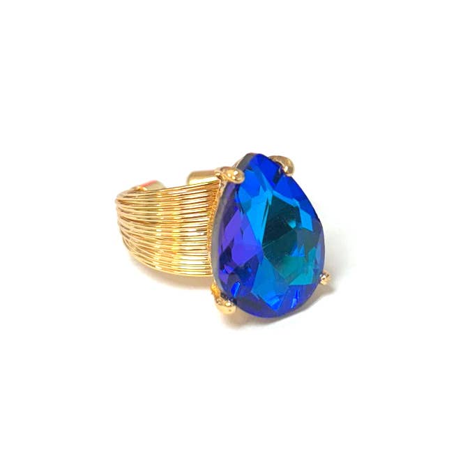 Teardrop Glass Crystal Cocktail Bead Adjustable Wire Ring