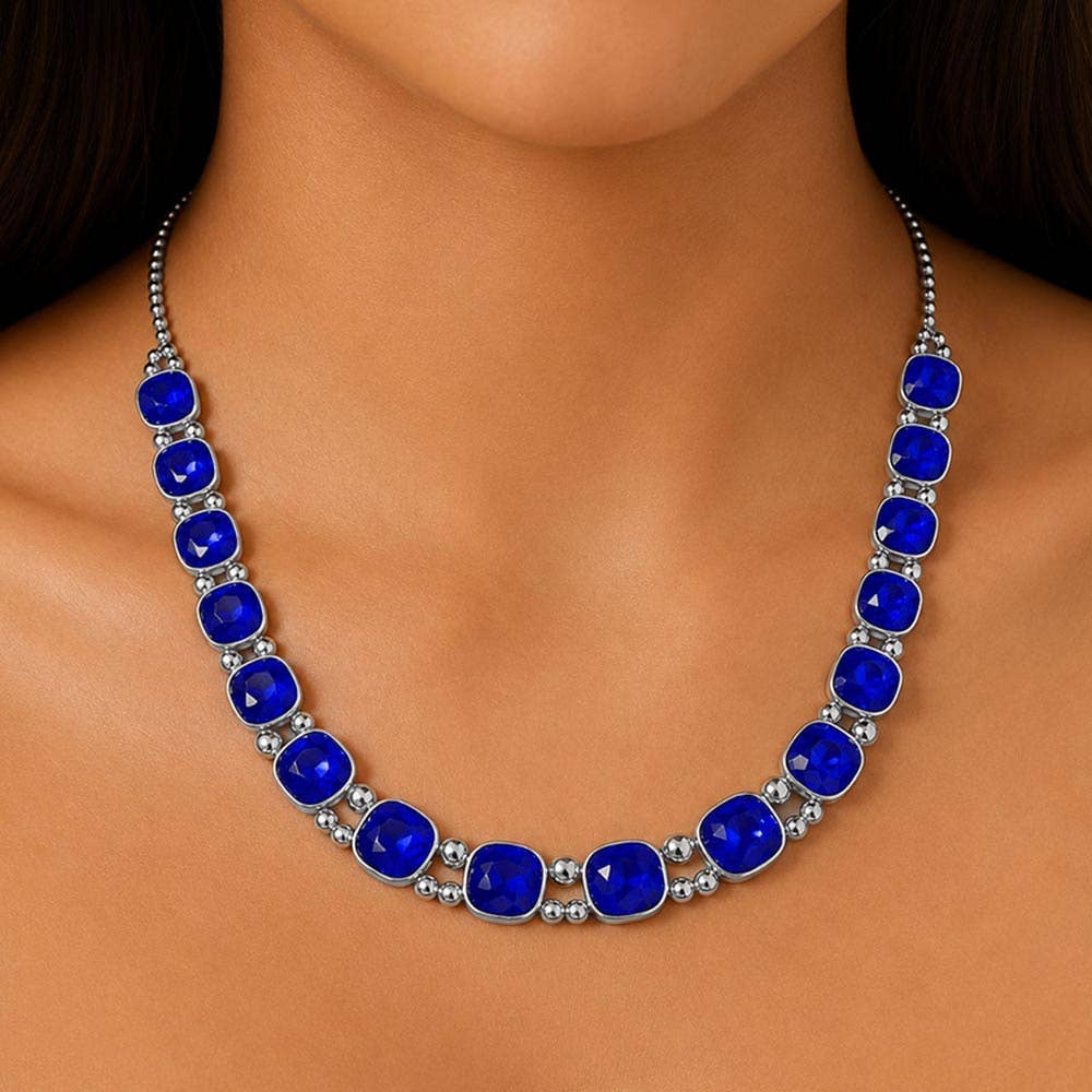 Square Faceted Stone Bezel Link Evening Necklace