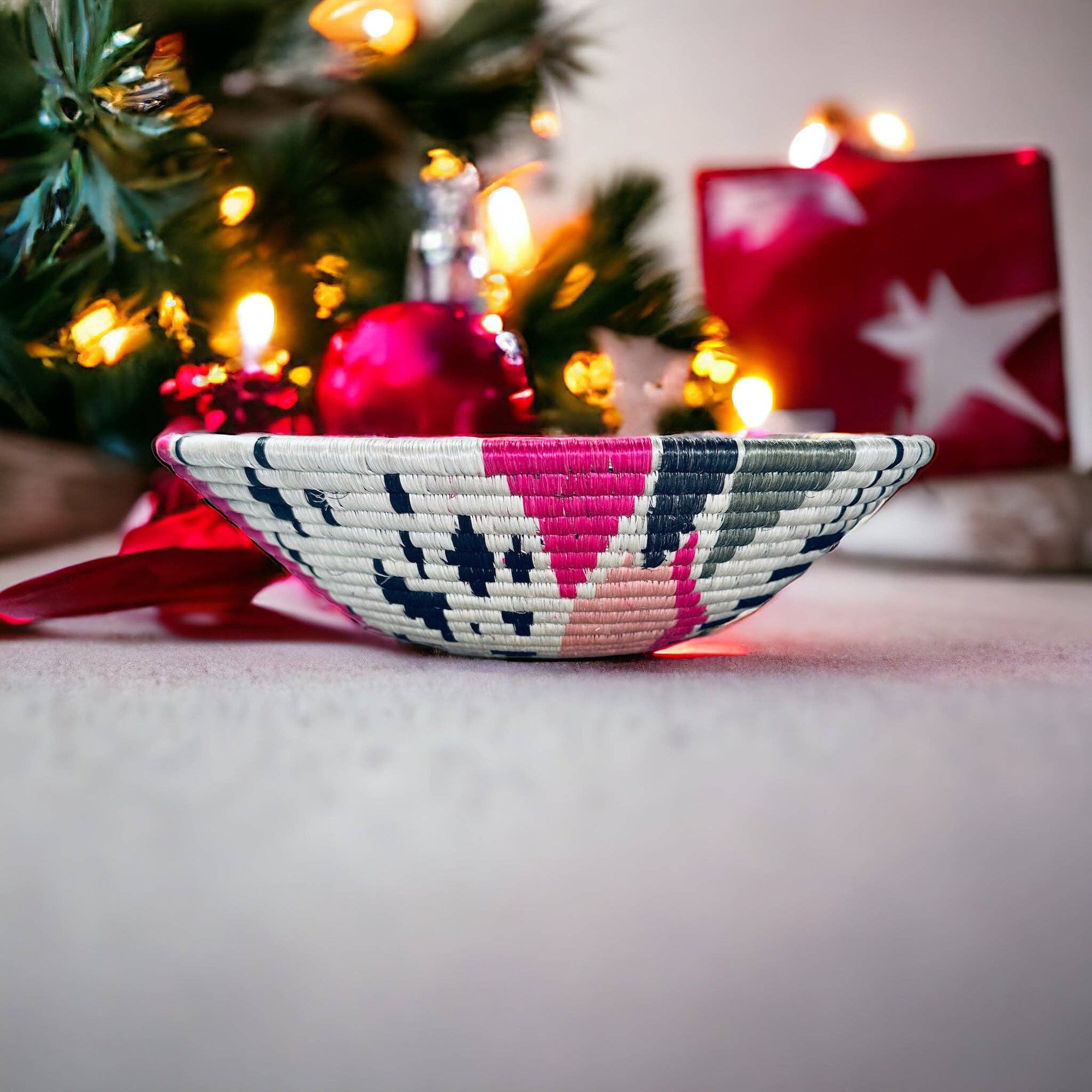 African  Rwanda Woven Basket - Mwiza Pink & White