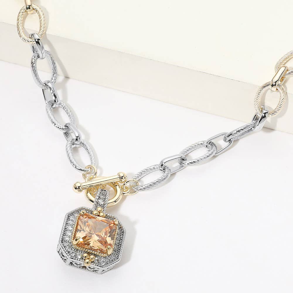 14K Gold Plated Two Tone Chunky Square CZ Pendant Toggle Necklace