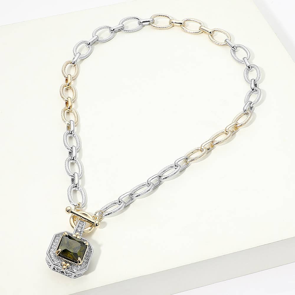 14K Gold Plated Two Tone Chunky Square CZ Pendant Toggle Necklace