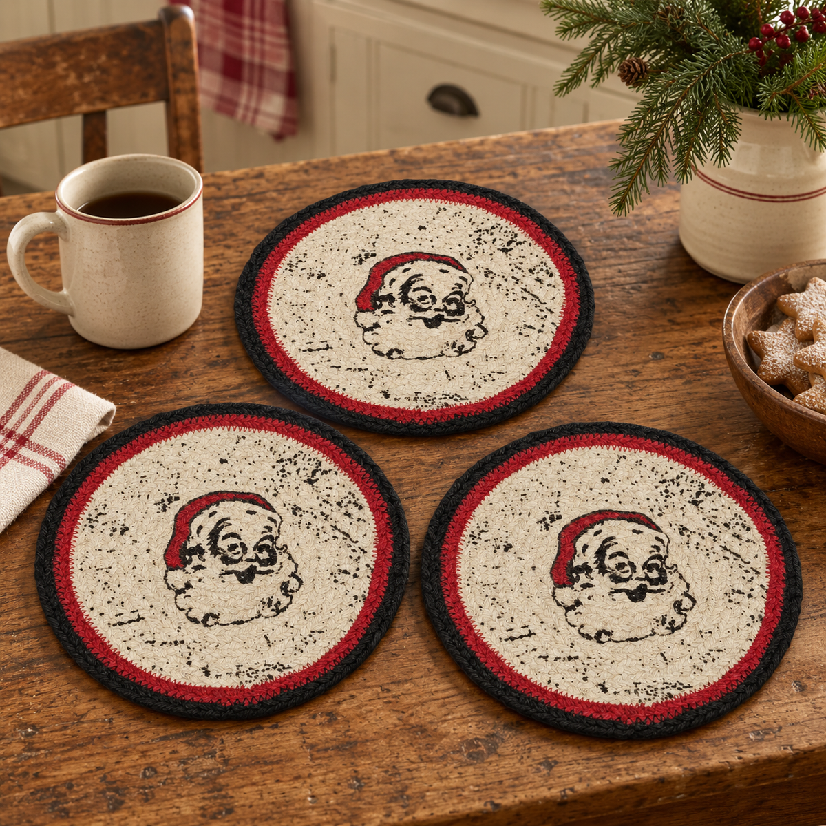 Santa Braided Jute Trivet Hot Pad 8" Set of 3 Jolly Ole