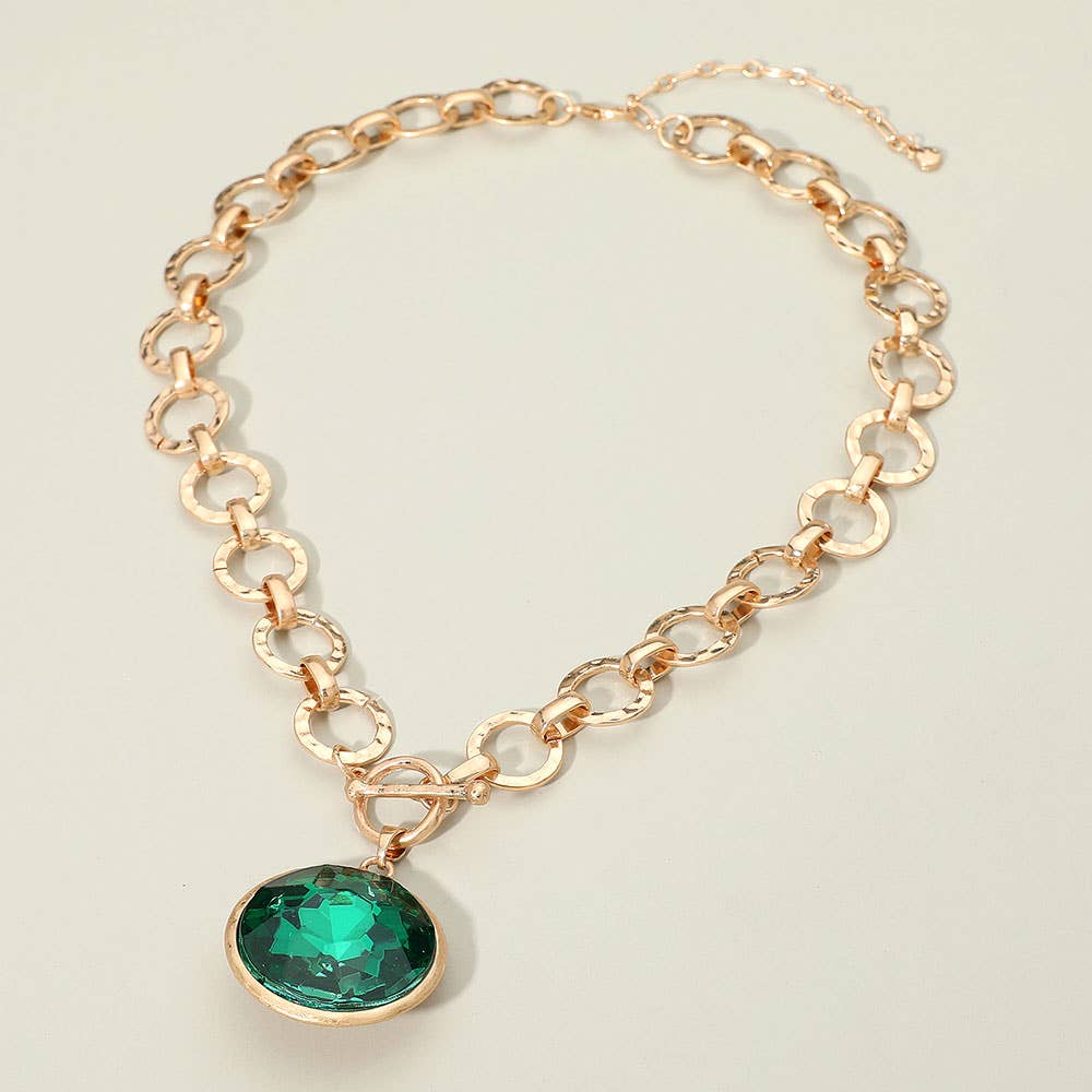 Bold Oval Gemstone Pendant Brushed Metal Chunky Chain Toggle Necklace