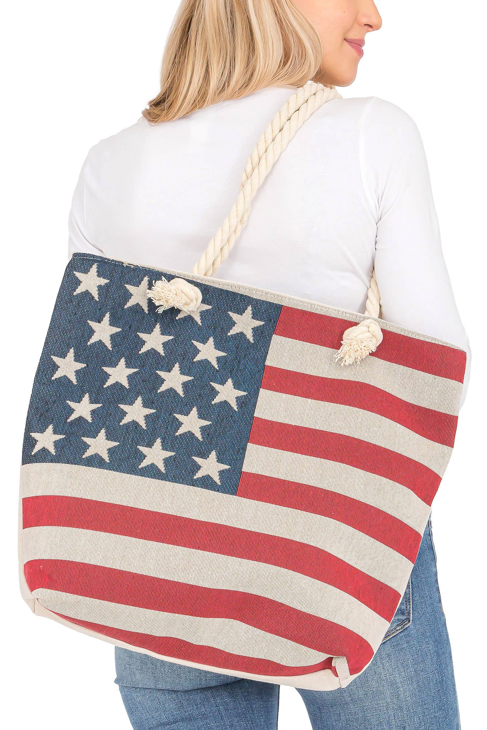 6209. American Flag Zippered Burlap Canvas Tote Bag