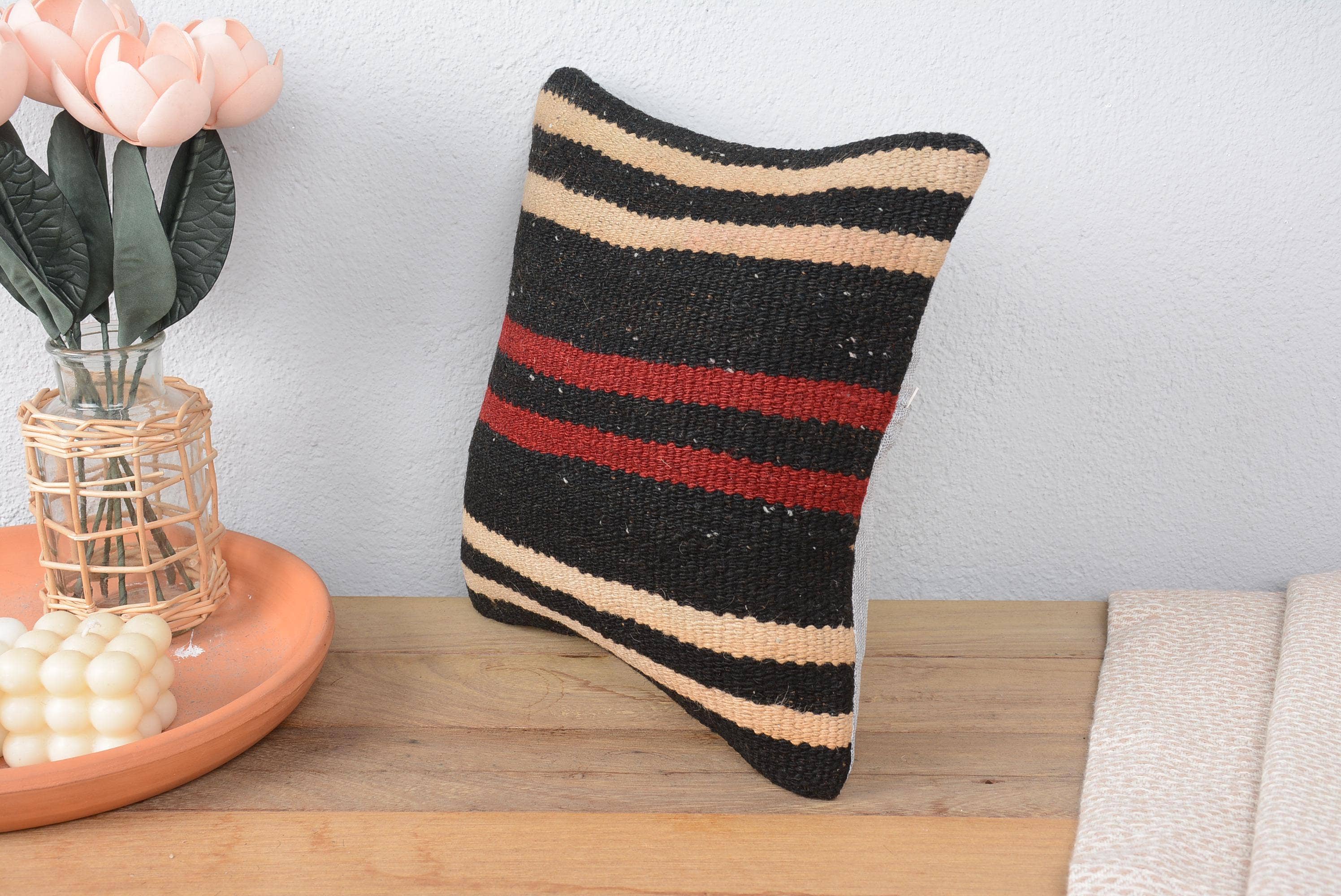 Turkish Kilim Cushion Sham 12x12 Brown Striped