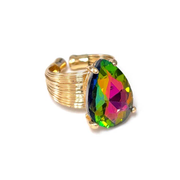 Teardrop Glass Crystal Cocktail Bead Adjustable Wire Ring