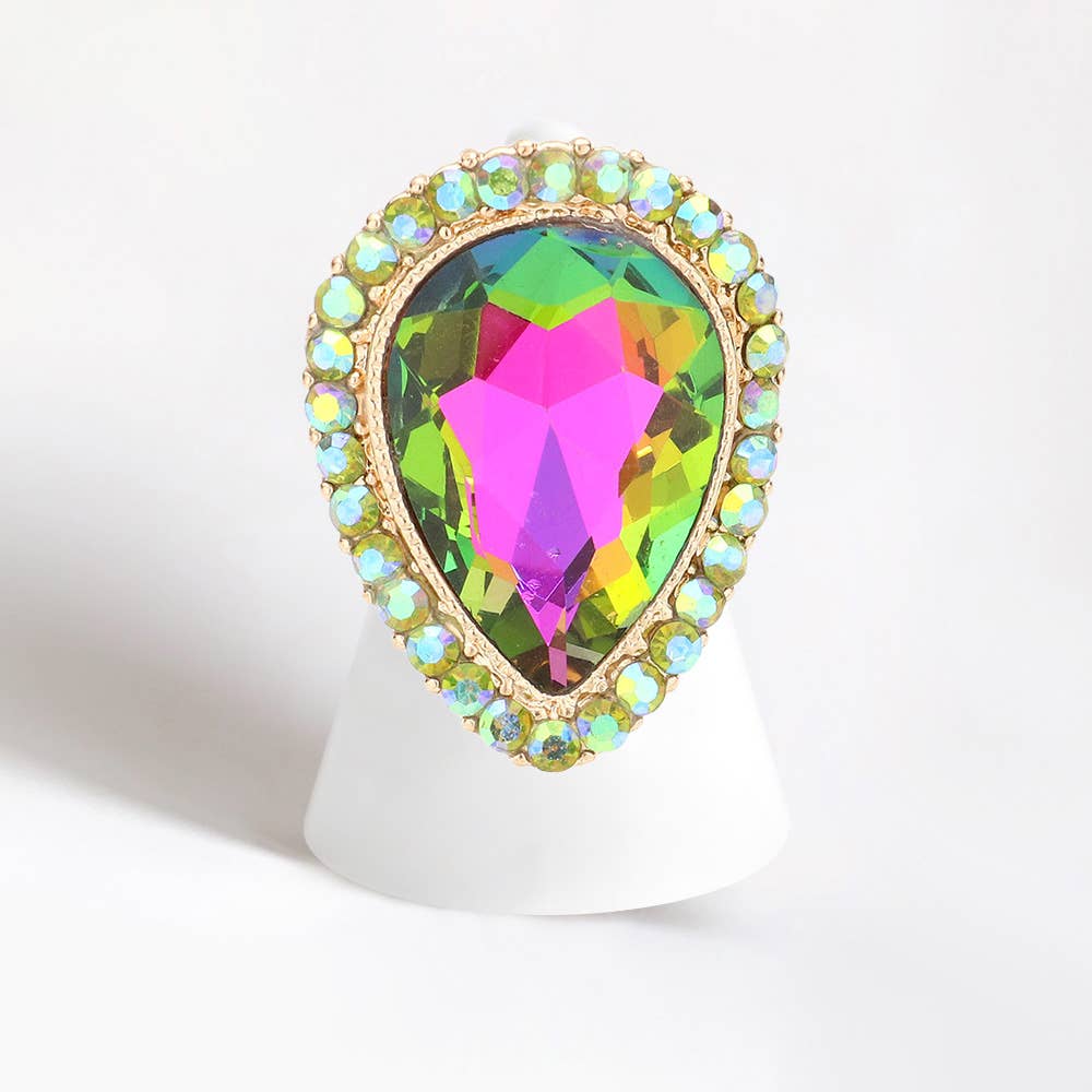 Crystal rhinestone teardrop stretch cocktail ring