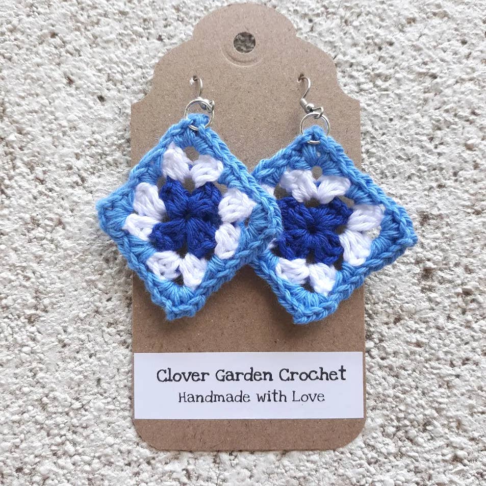 4112. Crochet Cotton Granny Square Drop Earrings Blue Color Themes