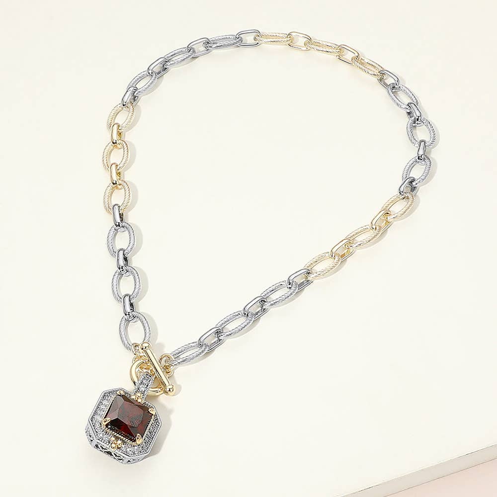 14K Gold Plated Two Tone Chunky Square CZ Pendant Toggle Necklace