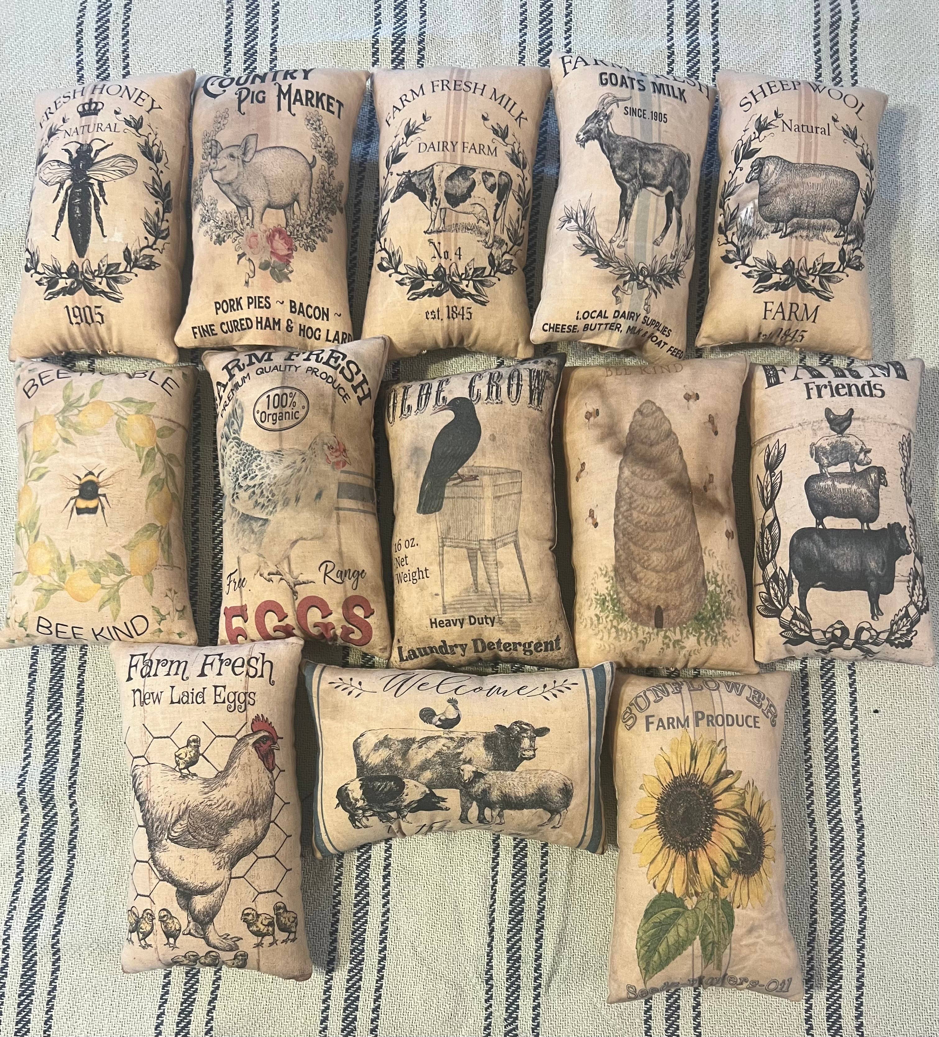 6362. Primitive handmade Printed Farmhouse 5x7" stuffed pillows