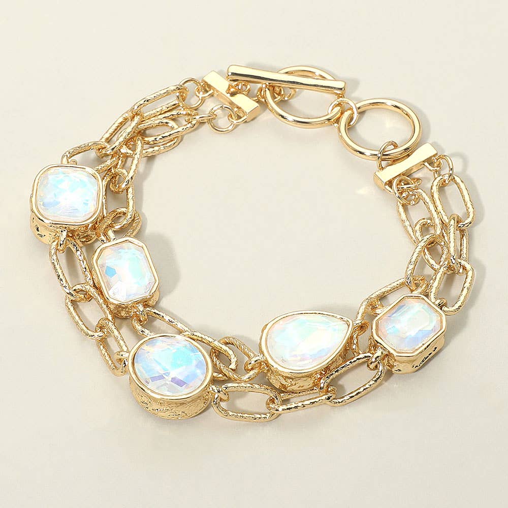 Faceted Oval Teardrop Rectangular Stone Cluster Link Metal Chain Layered Bracelet