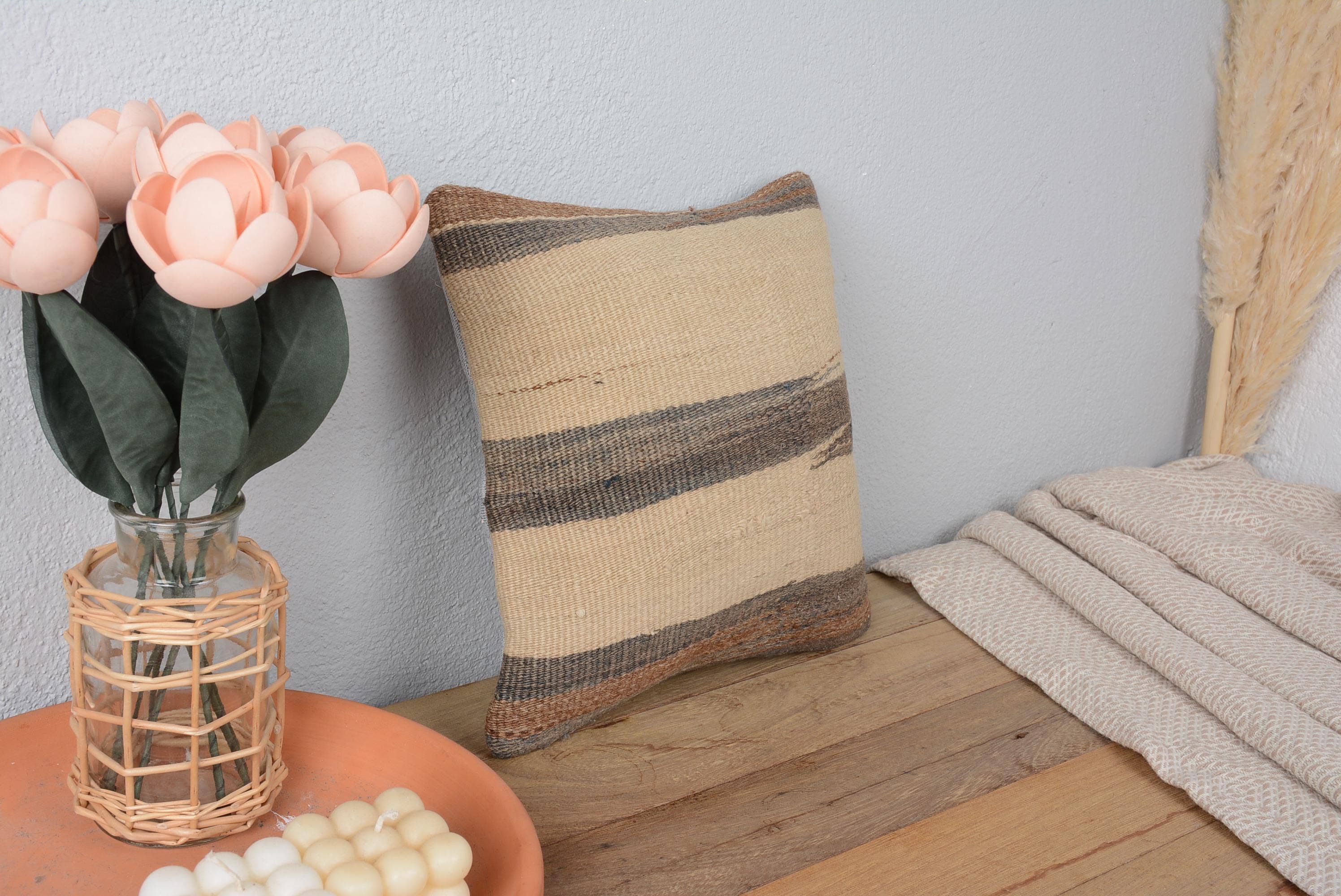 7111. Turkish Kilim Rug Pillow 12x12 for Sofa Beige Rustic Striped