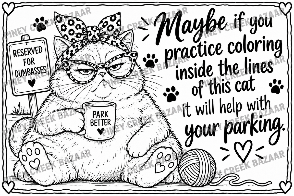 Snarky Parking Cat Coloring Page — Printable Digital Download