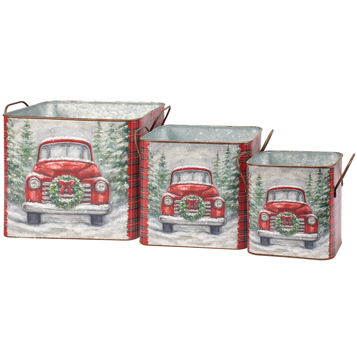Red Truck Christmas Metal Bin - Individual - multiple choices shown; purchase includes one